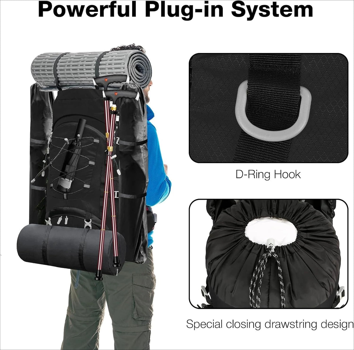 60L Lightweight Water Resistant Hiking Rucksack With Detachable Rain Cover Large Capacity Black Backpack For Trekking Mountaineering Climbing Fishing Multi-Day Backpacking Cycling Outdoor Adventure Travel Camping Men Women
