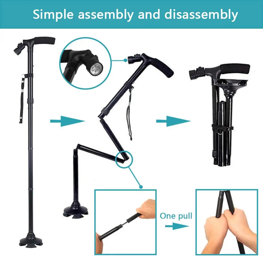 (2 Pack)5-Levels Adjustable Height Walking Stick Portable Foldable Cane Travel Camping Hiking Walking Cane W/LED Hot