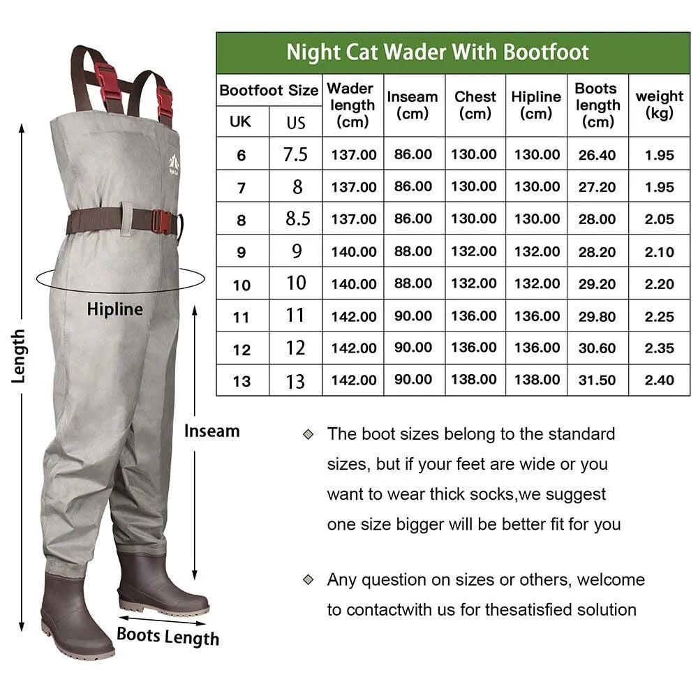 Night Cat Fly Fishing Chest Waders with Boots for Men Women, US Sizes 7.5-13 2-Ply Nylon/Pvc Waterproof Waders With Adjustable Belt