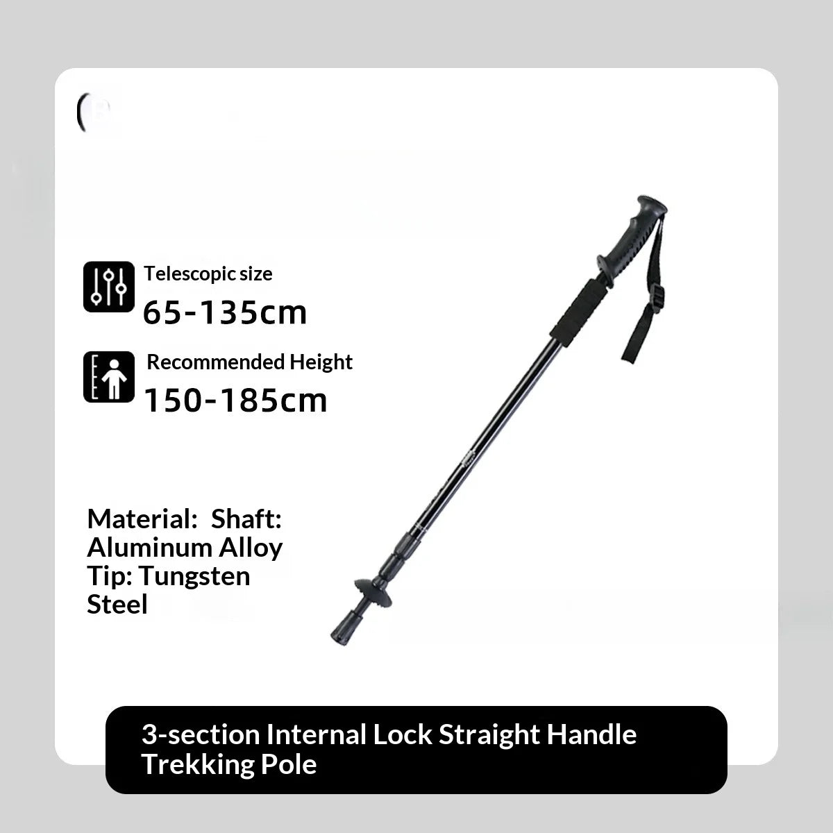 Lightweight aluminum alloy trekking pole with a three-section internal locking system, wear-resistant tip, suitable for hiking, trekking, and backpacking trekking stick trekking poles