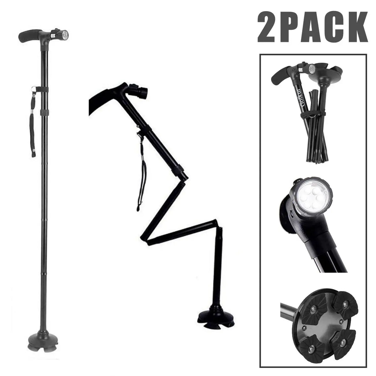 (2 Pack)5-Levels Adjustable Height Walking Stick Portable Foldable Cane Travel Camping Hiking Walking Cane with LED Light(Logist
