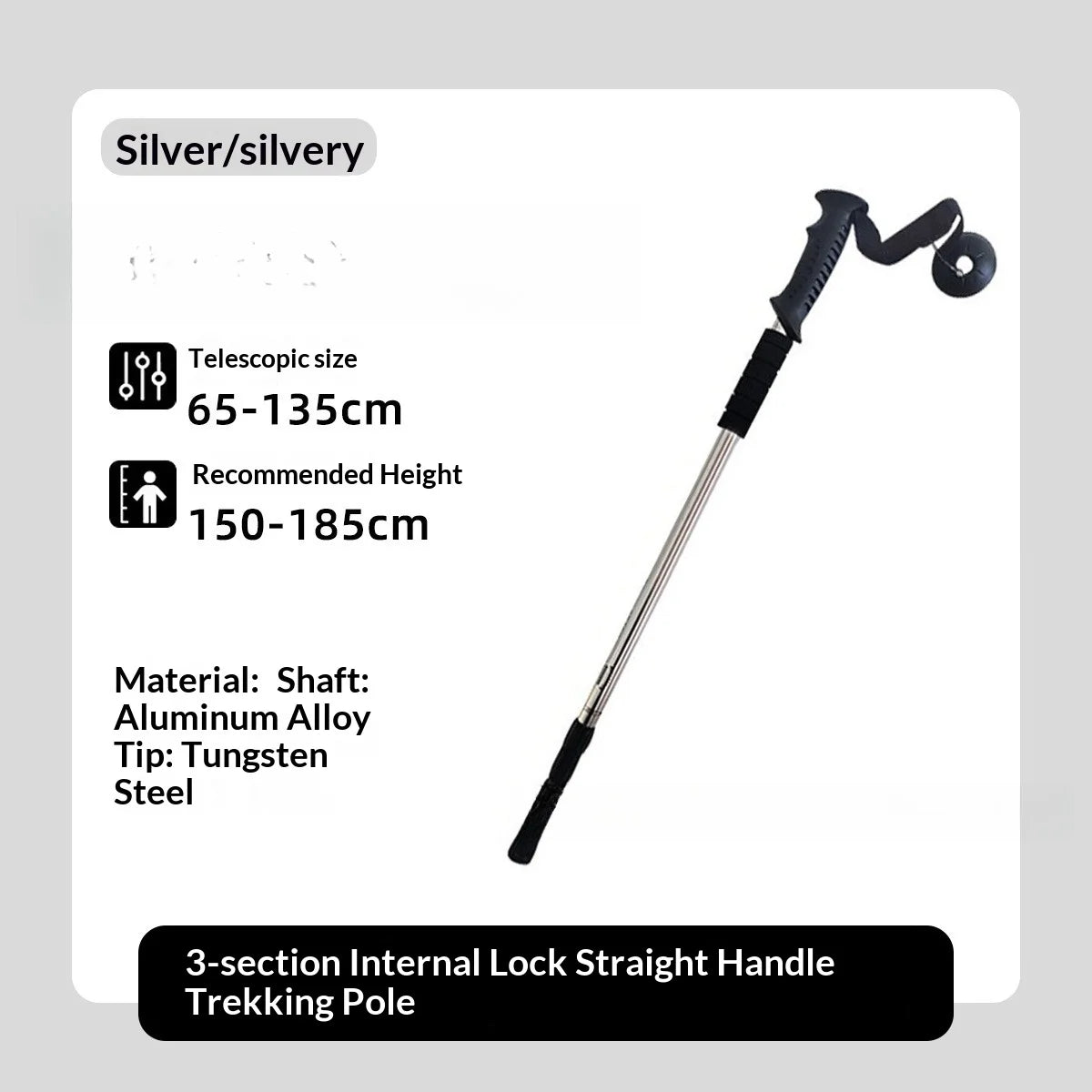 Lightweight aluminum alloy trekking pole with a three-section internal locking system, wear-resistant tip, suitable for hiking, trekking, and backpacking trekking stick trekking poles
