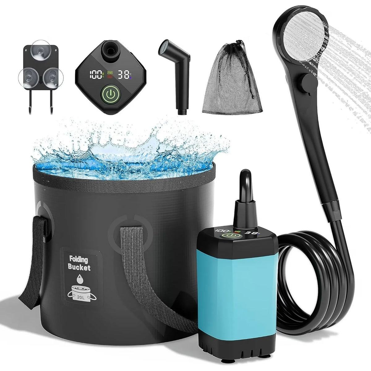 Upgrade 6000mAh Rechargeable Portable Camping Shower, 5 Gallon Collapsible Bucket, LED Display, Multiple Spray Modes, Hiking