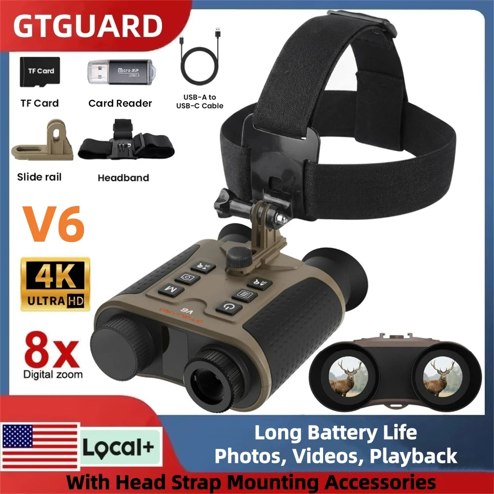GTGUARD V6 4K 8X Digital Zoom Night Vision Binoculars for Adults,Head Mounted Tactical Helmet Night Vision Goggles for Outdoor Hunting