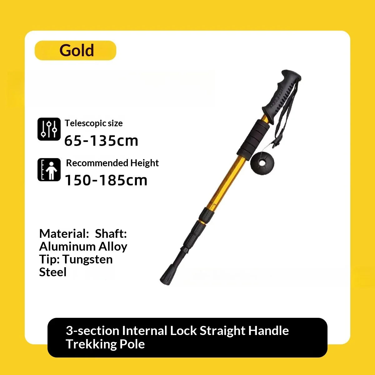 Lightweight aluminum alloy trekking pole with a three-section internal locking system, wear-resistant tip, suitable for hiking, trekking, and backpacking trekking stick trekking poles