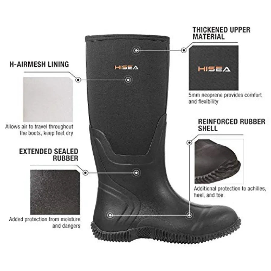 HISEA Men's Rain Boots, Waterproof Durable Insulated Rubber Boots for Men, 5 mm Neoprene Outdoor Mud Fishing Hunting Boots for