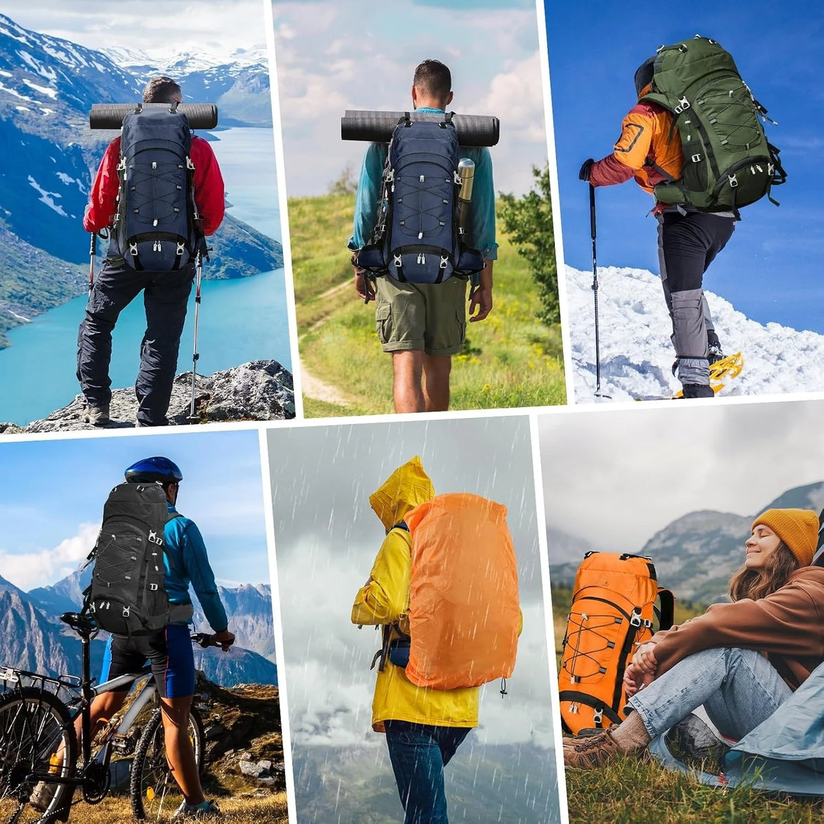 60L Lightweight Water Resistant Hiking Rucksack With Detachable Rain Cover Large Capacity Black Backpack For Trekking Mountaineering Climbing Fishing Multi-Day Backpacking Cycling Outdoor Adventure Travel Camping Men Women