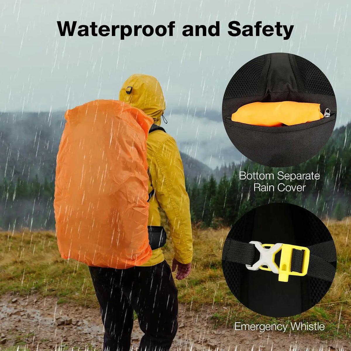60L Lightweight Water Resistant Hiking Rucksack With Detachable Rain Cover Large Capacity Black Backpack For Trekking Mountaineering Climbing Fishing Multi-Day Backpacking Cycling Outdoor Adventure Travel Camping Men Women