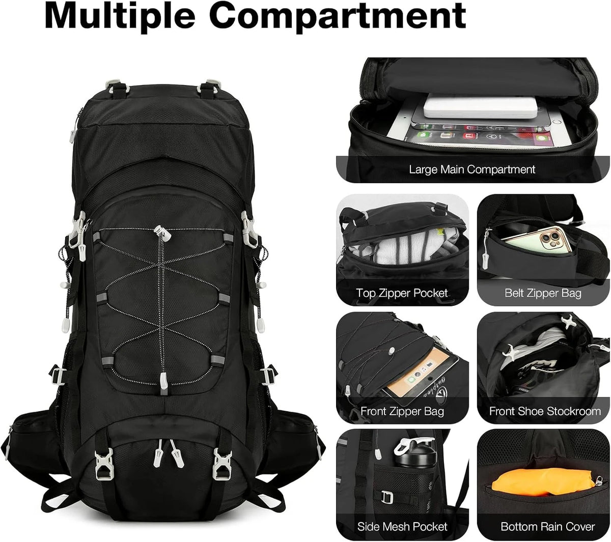 60L Lightweight Water Resistant Hiking Rucksack With Detachable Rain Cover Large Capacity Black Backpack For Trekking Mountaineering Climbing Fishing Multi-Day Backpacking Cycling Outdoor Adventure Travel Camping Men Women