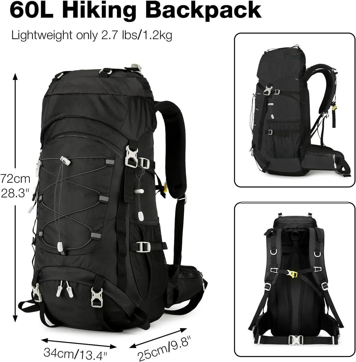 60L Lightweight Water Resistant Hiking Rucksack With Detachable Rain Cover Large Capacity Black Backpack For Trekking Mountaineering Climbing Fishing Multi-Day Backpacking Cycling Outdoor Adventure Travel Camping Men Women