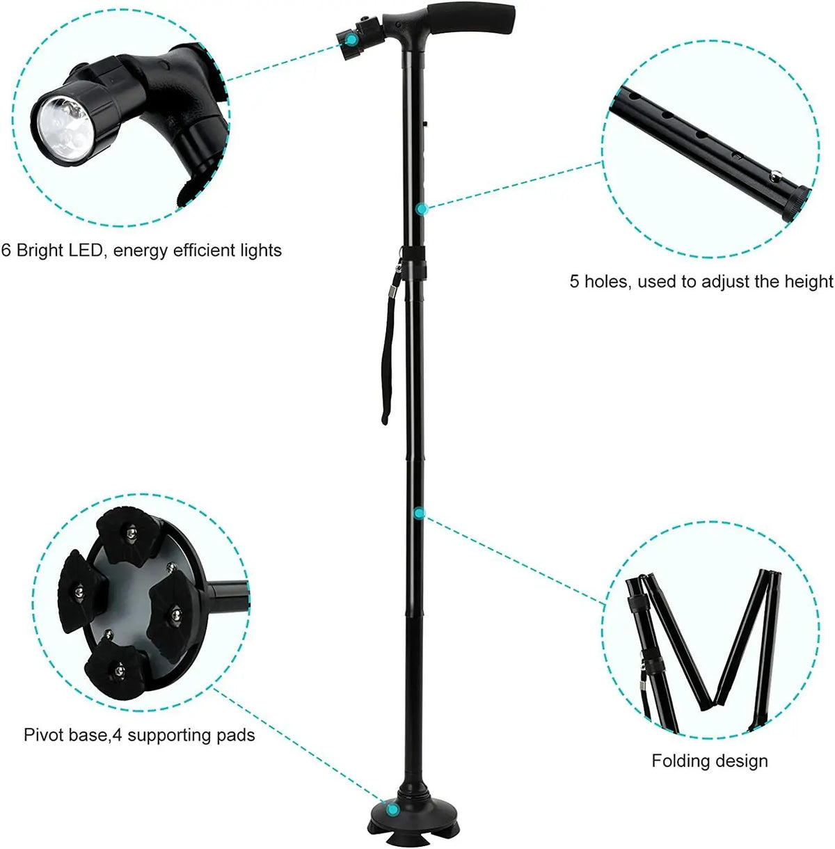(2 Pack)5-Levels Adjustable Height Walking Stick Portable Foldable Cane Travel Camping Hiking Walking Cane with LED Light(Logist