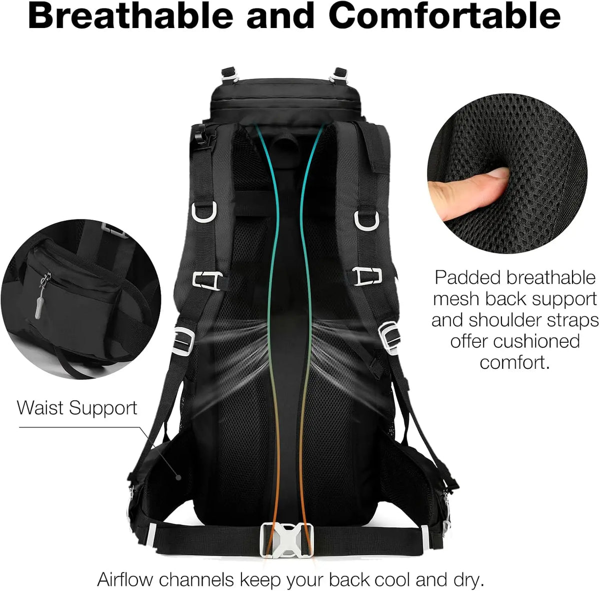 60L Lightweight Water Resistant Hiking Rucksack With Detachable Rain Cover Large Capacity Black Backpack For Trekking Mountaineering Climbing Fishing Multi-Day Backpacking Cycling Outdoor Adventure Travel Camping Men Women
