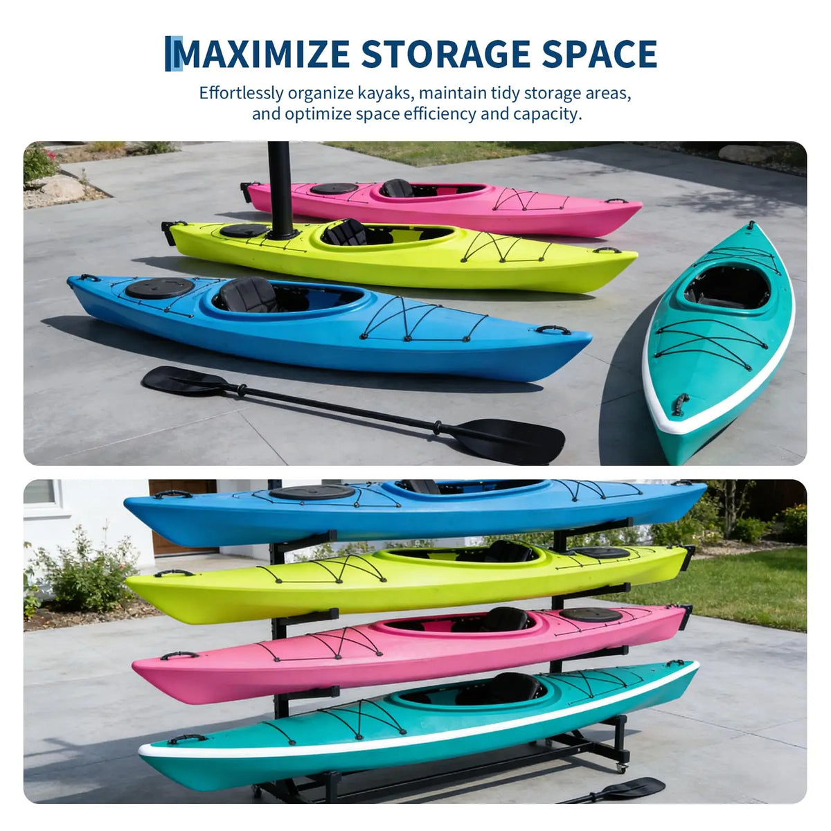 Freestanding Kayak Storage Rack 2/3/4 Tier Adjustable SUP Canoe Stand Heavy Duty Holder With Wheels Outdoor Garage Organizer