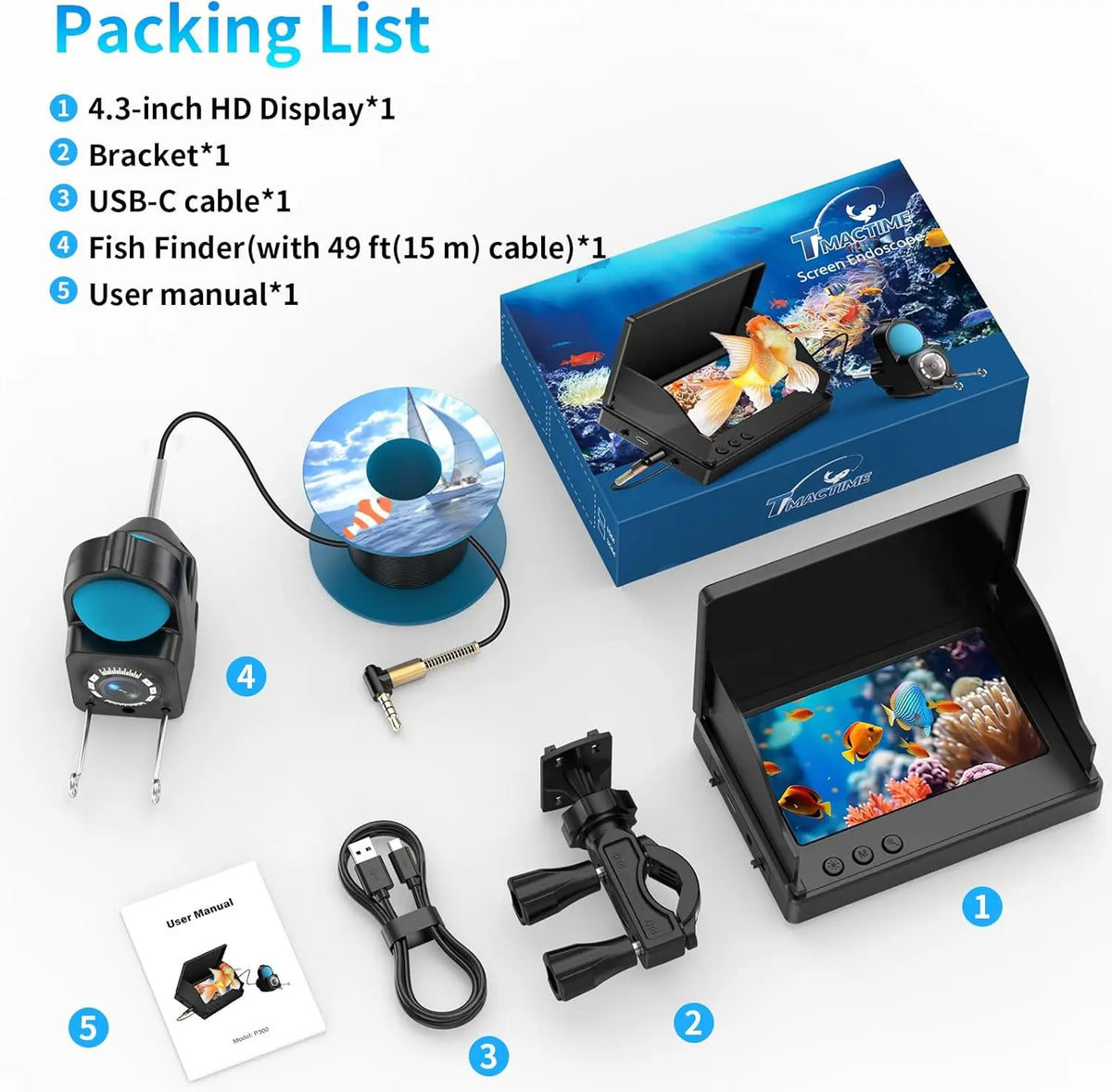 Underwater Fishing Camera with 4.3'' LCD Display 1080P HD, IP68 Waterproof Fish Depth Finder with Infrared Night Vision Light&5000mAh Battery, Suitable for Ice Lake Boat Kayak Fishing