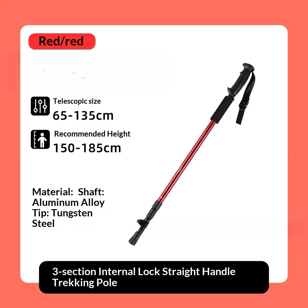 Lightweight aluminum alloy trekking pole with a three-section internal locking system, wear-resistant tip, suitable for hiking, trekking, and backpacking trekking stick trekking poles