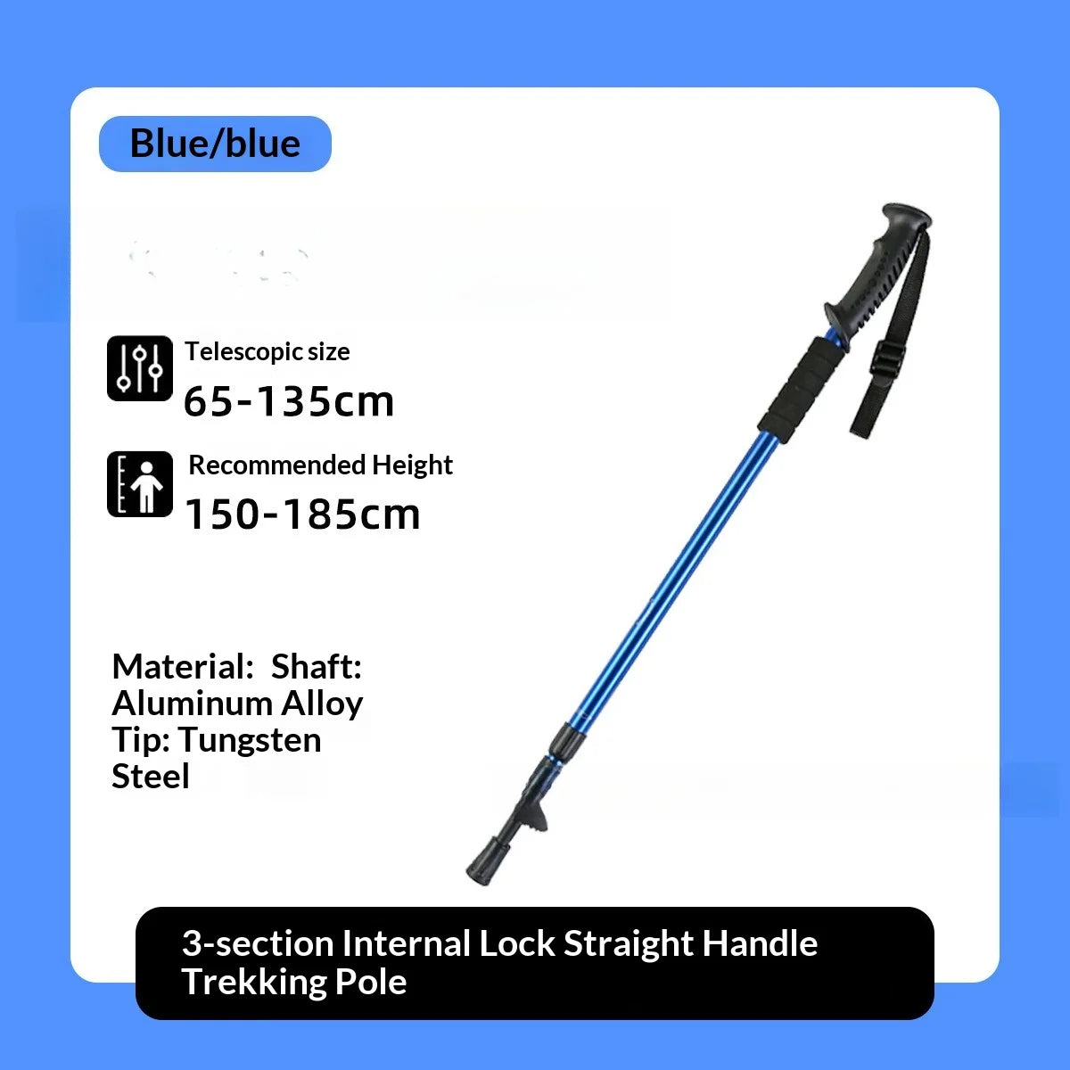 Lightweight aluminum alloy trekking pole with a three-section internal locking system, wear-resistant tip, suitable for hiking, trekking, and backpacking trekking stick trekking poles