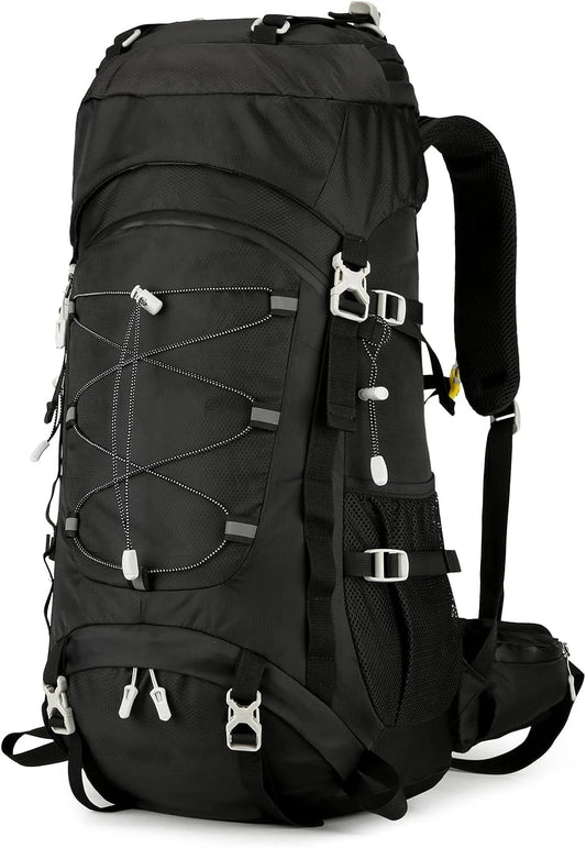 60L Lightweight Water Resistant Hiking Rucksack With Detachable Rain Cover Large Capacity Black Backpack For Trekking Mountaineering Climbing Fishing Multi-Day Backpacking Cycling Outdoor Adventure Travel Camping Men Women
