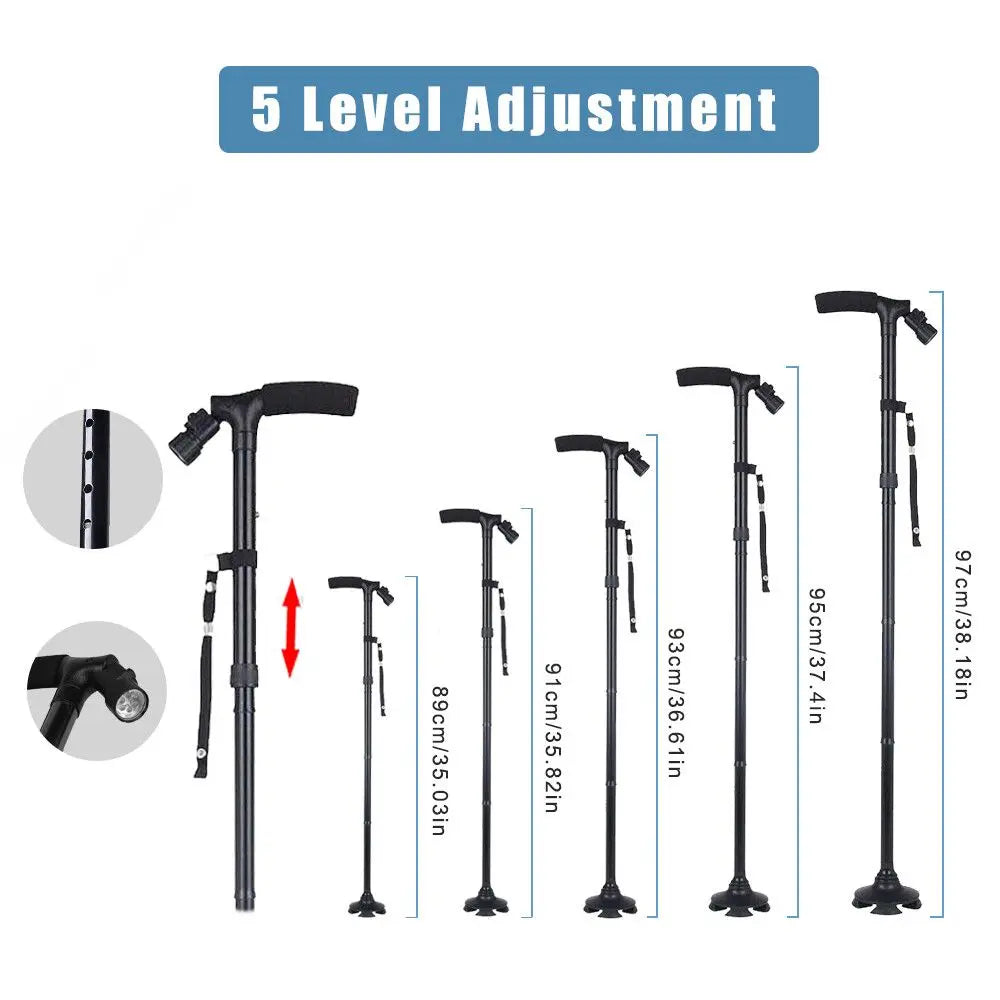 (2 Pack)5-Levels Adjustable Height Walking Stick Portable Foldable Cane Travel Camping Hiking Walking Cane W/LED Hot
