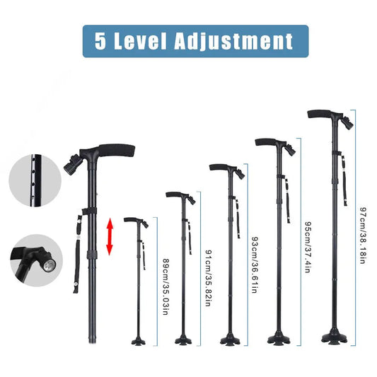 (2 Pack)5-Levels Adjustable Height Walking Stick Portable Foldable Cane Travel Camping Hiking Walking Cane W/LED Hot