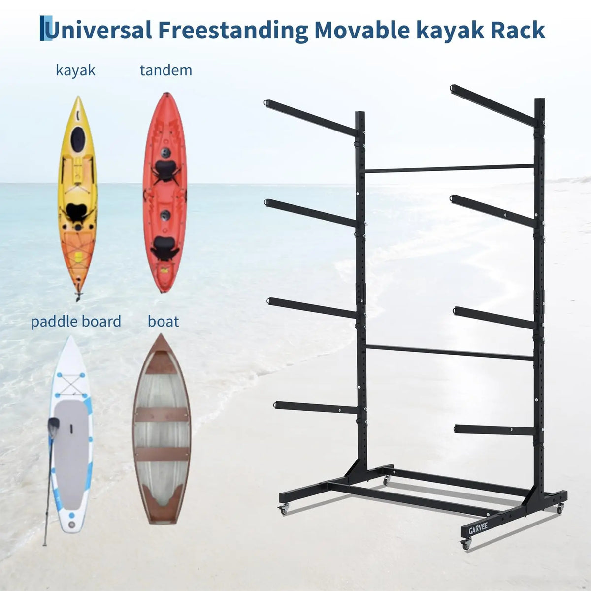 Freestanding Kayak Storage Rack 2/3/4 Tier Adjustable SUP Canoe Stand Heavy Duty Holder With Wheels Outdoor Garage Organizer