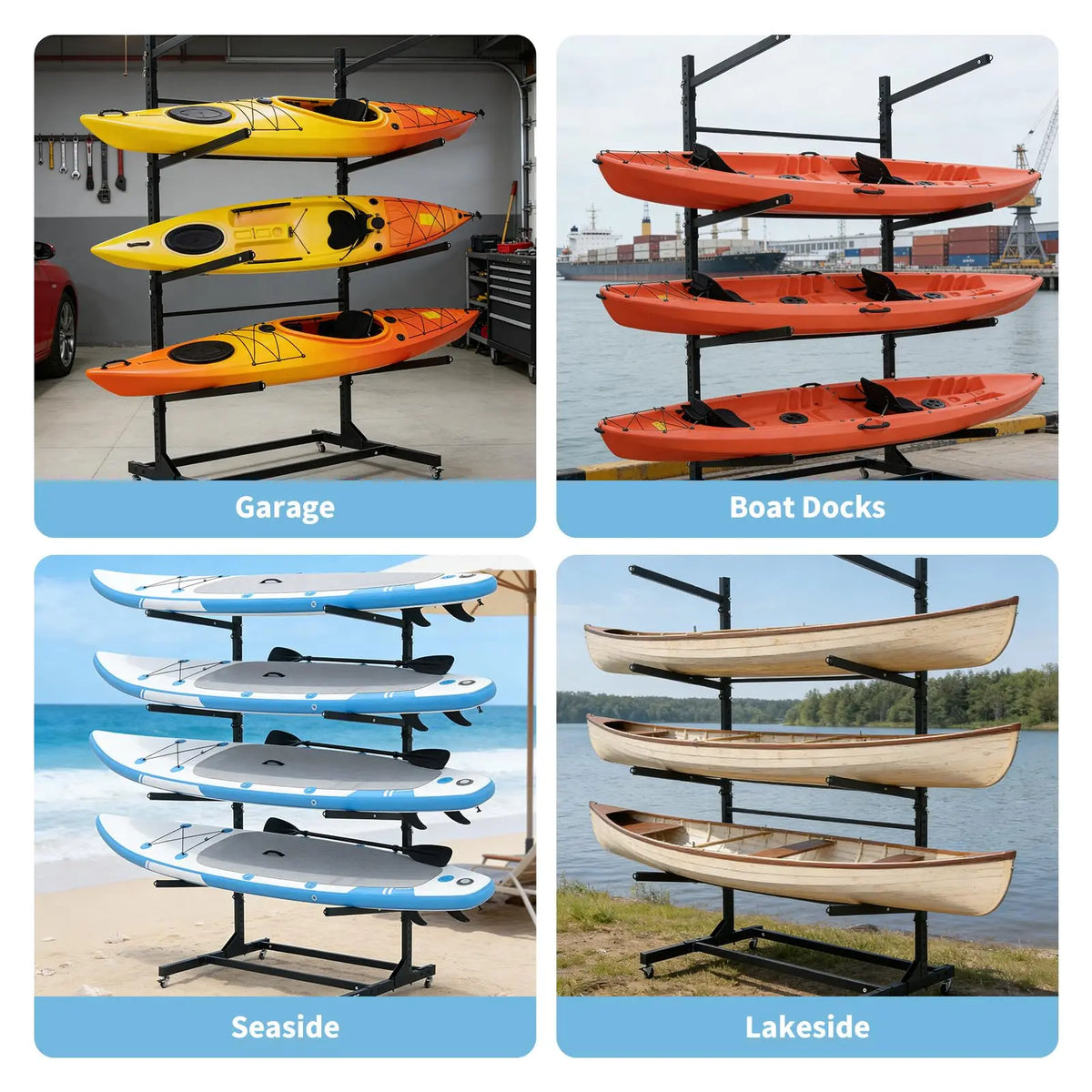 Freestanding Kayak Storage Rack 2/3/4 Tier Adjustable SUP Canoe Stand Heavy Duty Holder With Wheels Outdoor Garage Organizer
